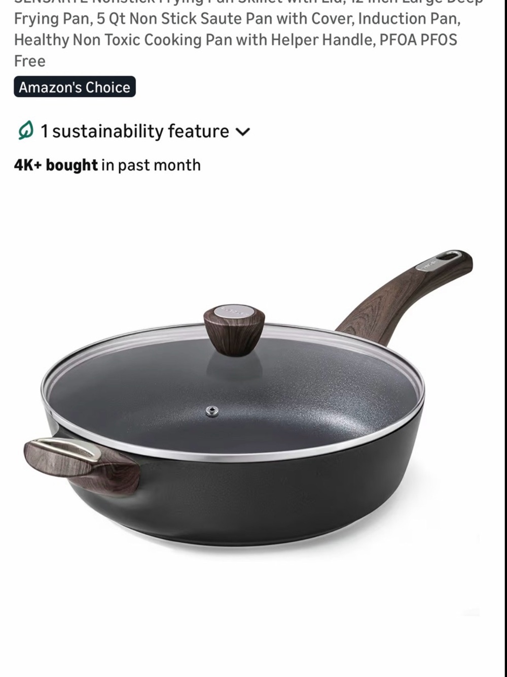 Source Unknown Black Nonstick Saute Pan with Wood-Effect Handles and Glass Lid